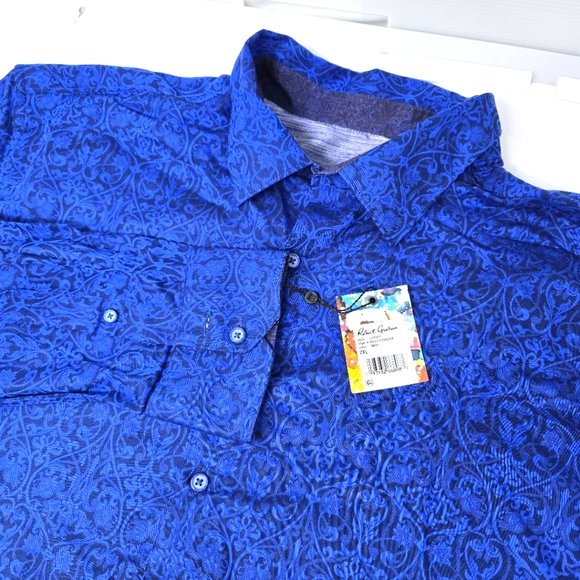 NWT Robert Graham Luther Long Sleeve RSS231200DXB Blue Damask AOP Mens Size 2XL. - Picture 1 of 12